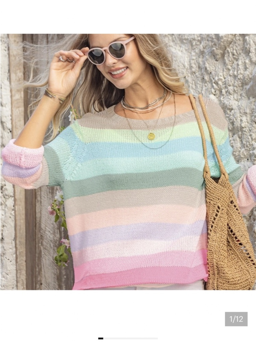 WOODEN SHIPS  Flower Market Crew Cotton Sweater Rainbow Stripe M/L Pastel